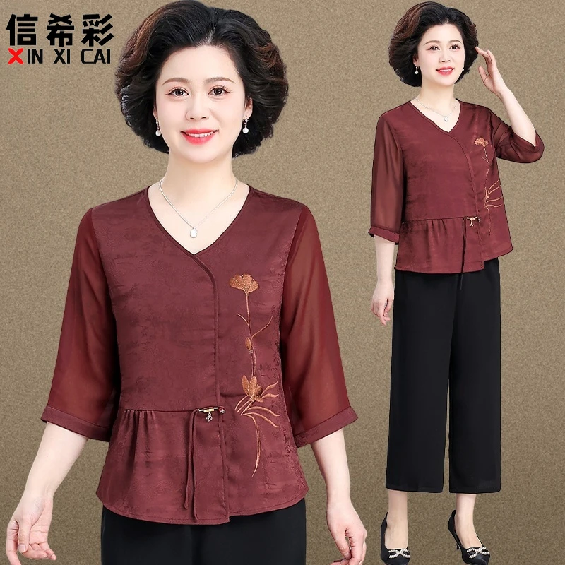 新中式妈妈夏装套装国风七分袖小衫2025新款中老年女夏季短袖上衣