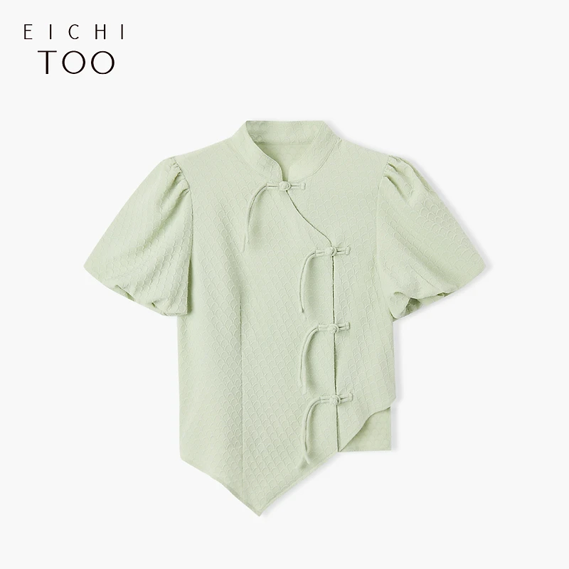 A爱居兔夏新款新中式不规则盘扣设计短袖雪纺衫ENSBJ2N055A