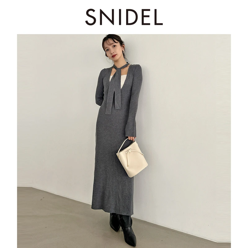 SNIDEL优雅深V领系带修身针织连衣裙SWNO245067