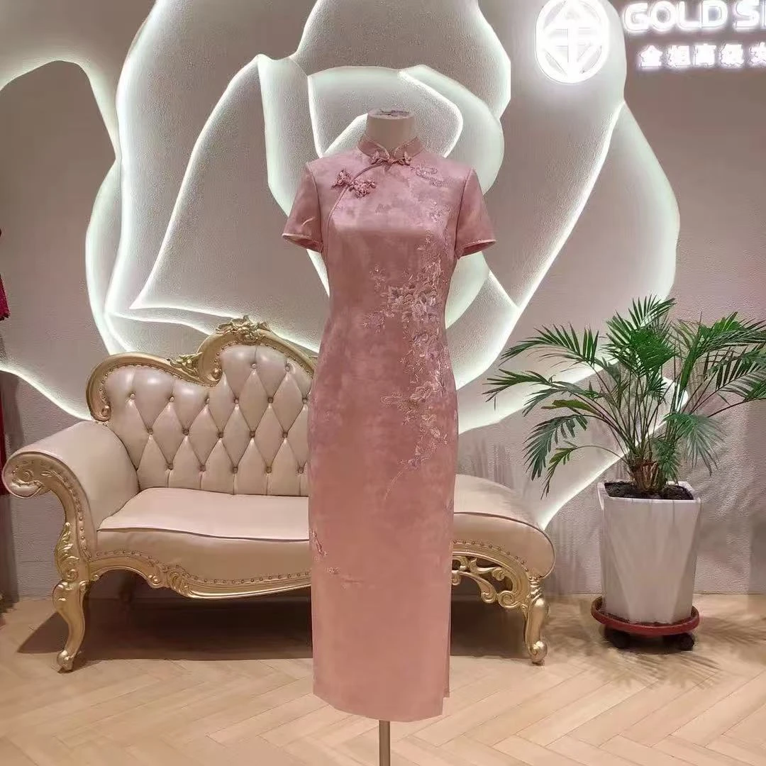 风格斜襟时尚旗袍复古婚礼蕾丝中长款常规袖型中长裙cc979