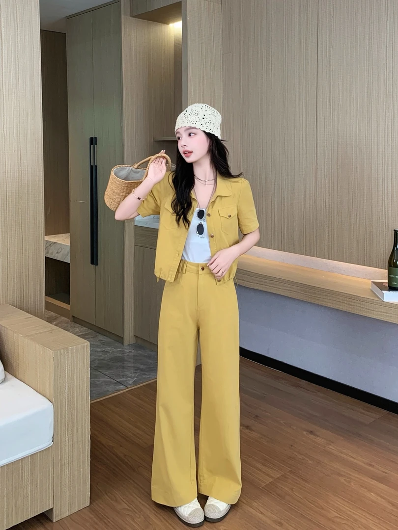 (XI ZI女装）休闲时尚洋气减龄收腰上衣+高腰阔腿裤套装#2505