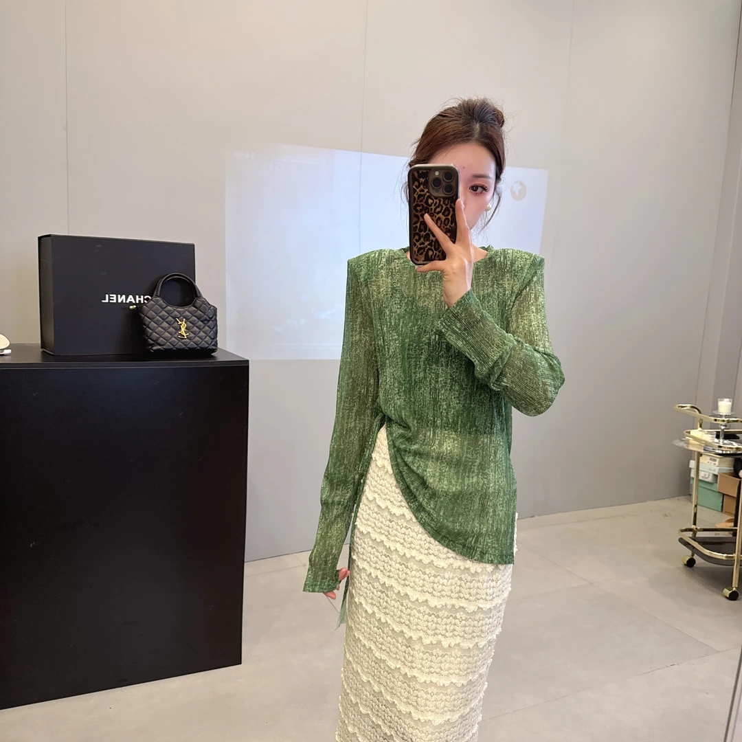 夏季新款圆领渐变碎花显瘦时尚抽绳扎染长袖T恤