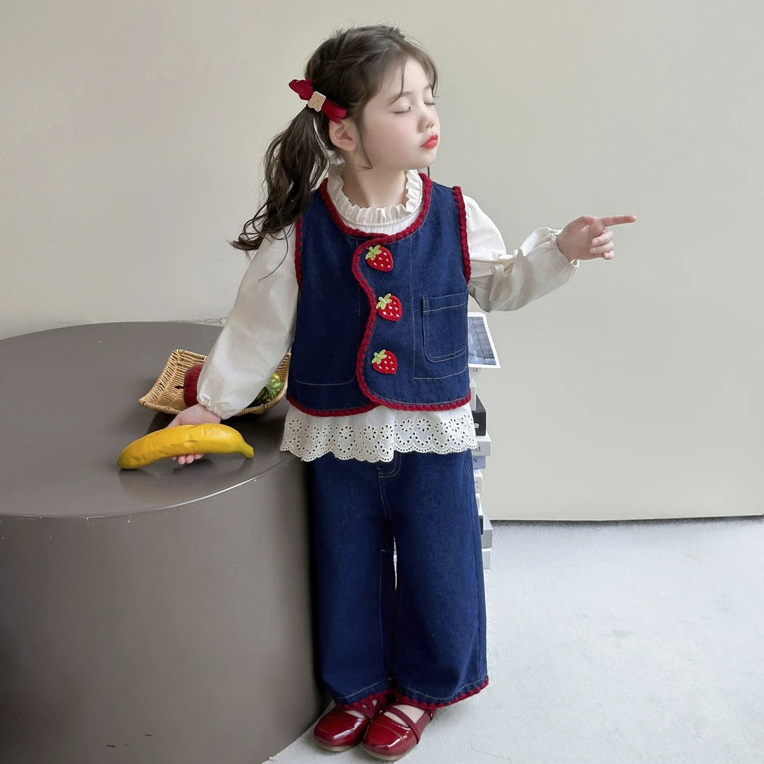 女童套装洋气儿童时髦牛仔马甲阔腿裤三件套小女孩宝宝秋装2025新