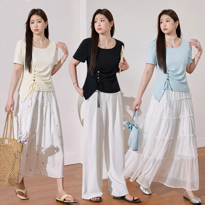 蓝语大码女装法式蓝色天丝棉百搭短袖T恤夏季掐腰遮肚子上衣12280