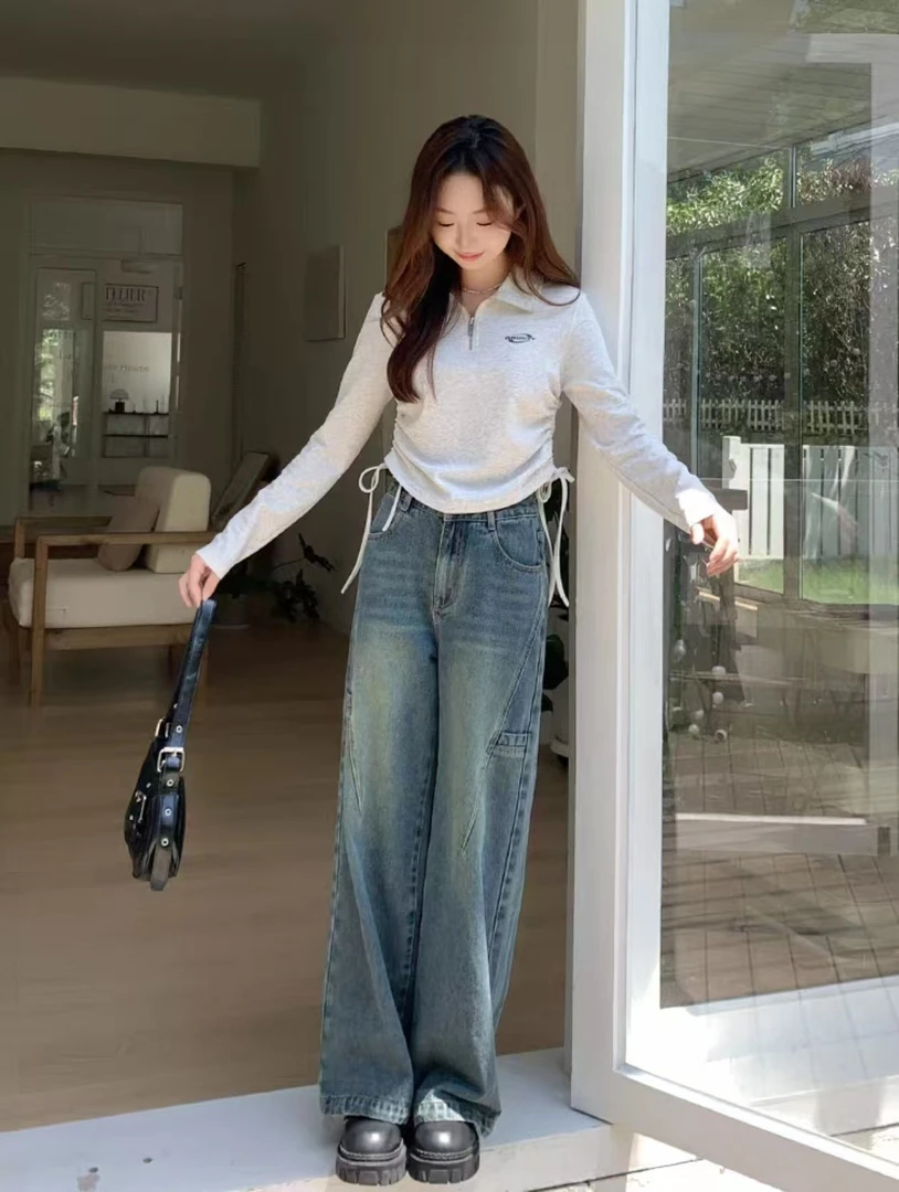 【松】复古蓝色牛仔裤女秋冬小个子宽松直筒阔腿裤长裤