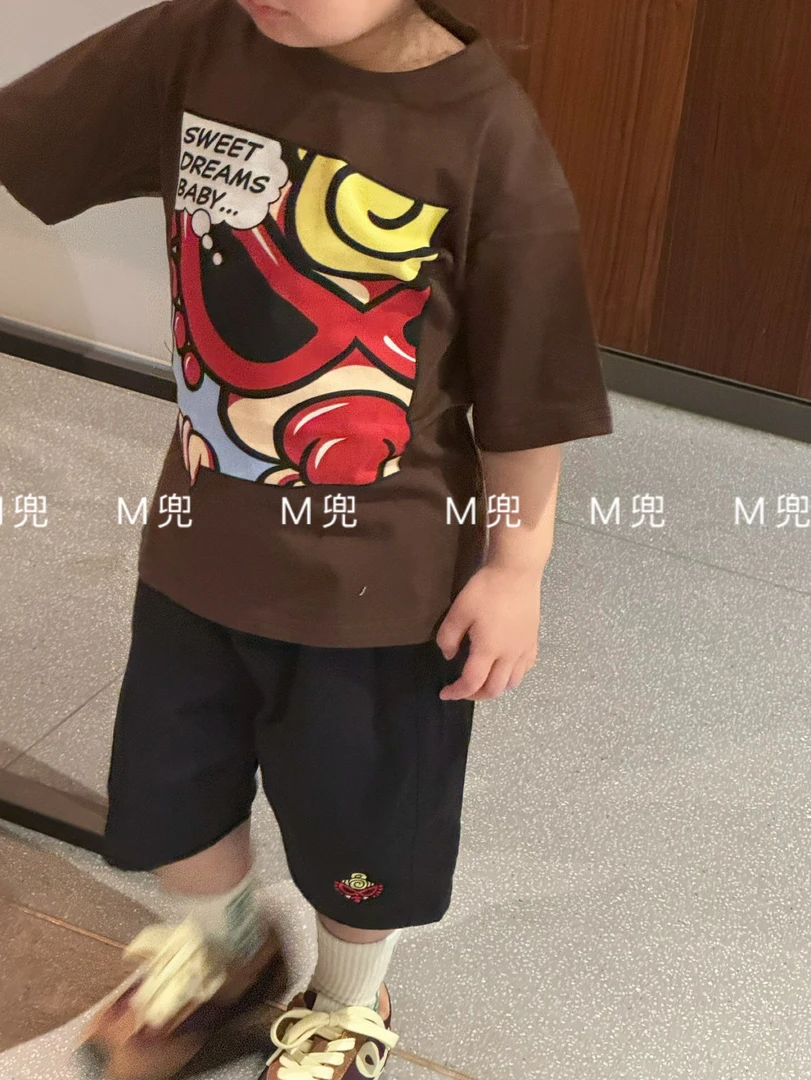 2025新款 潮牌 奶嘴半脸漫画造型印花短袖T恤 奶嘴童上衣现货