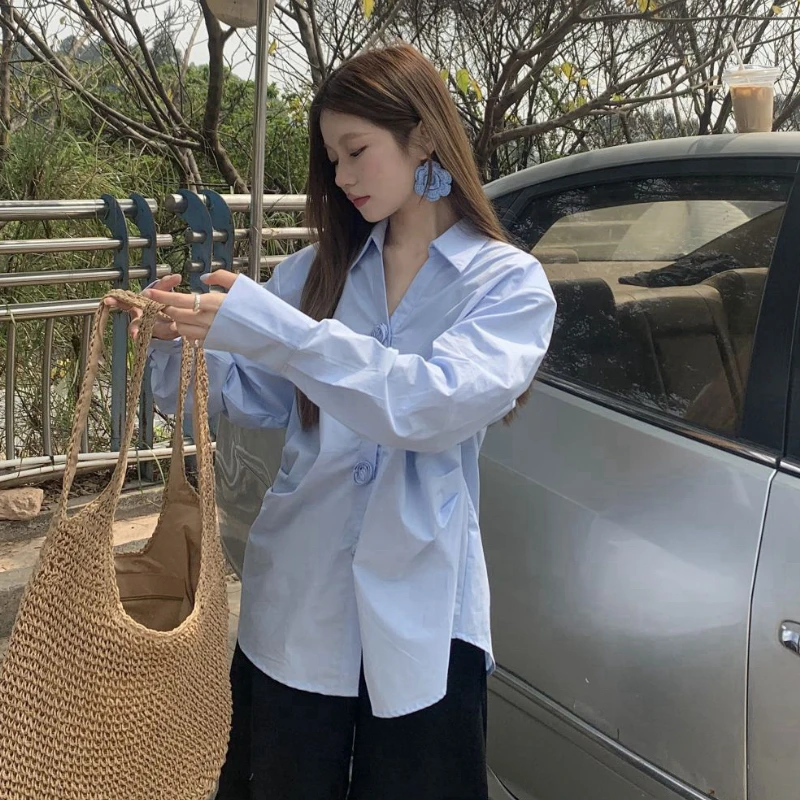 潮流衬衫春季衬衣百搭时尚外套白衬衫上衣长袖纯色设计感V领
