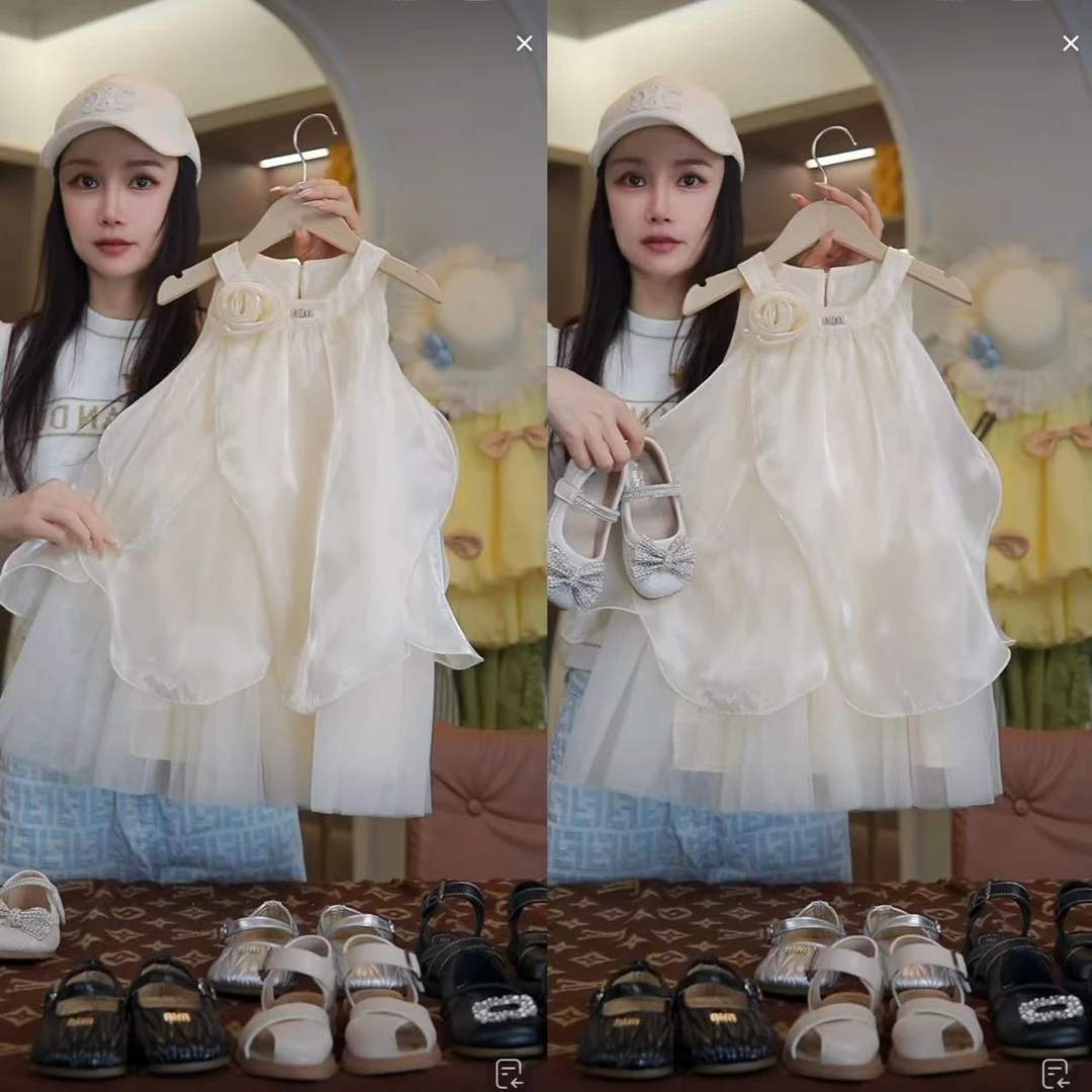 XS250182白色玫瑰花朵连衣裙大童连衣裙