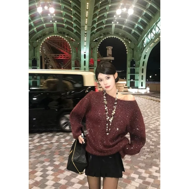 JIAKUN新年氛围感露肩亮片毛衣女新款秋冬宽松内搭高级感针织衫