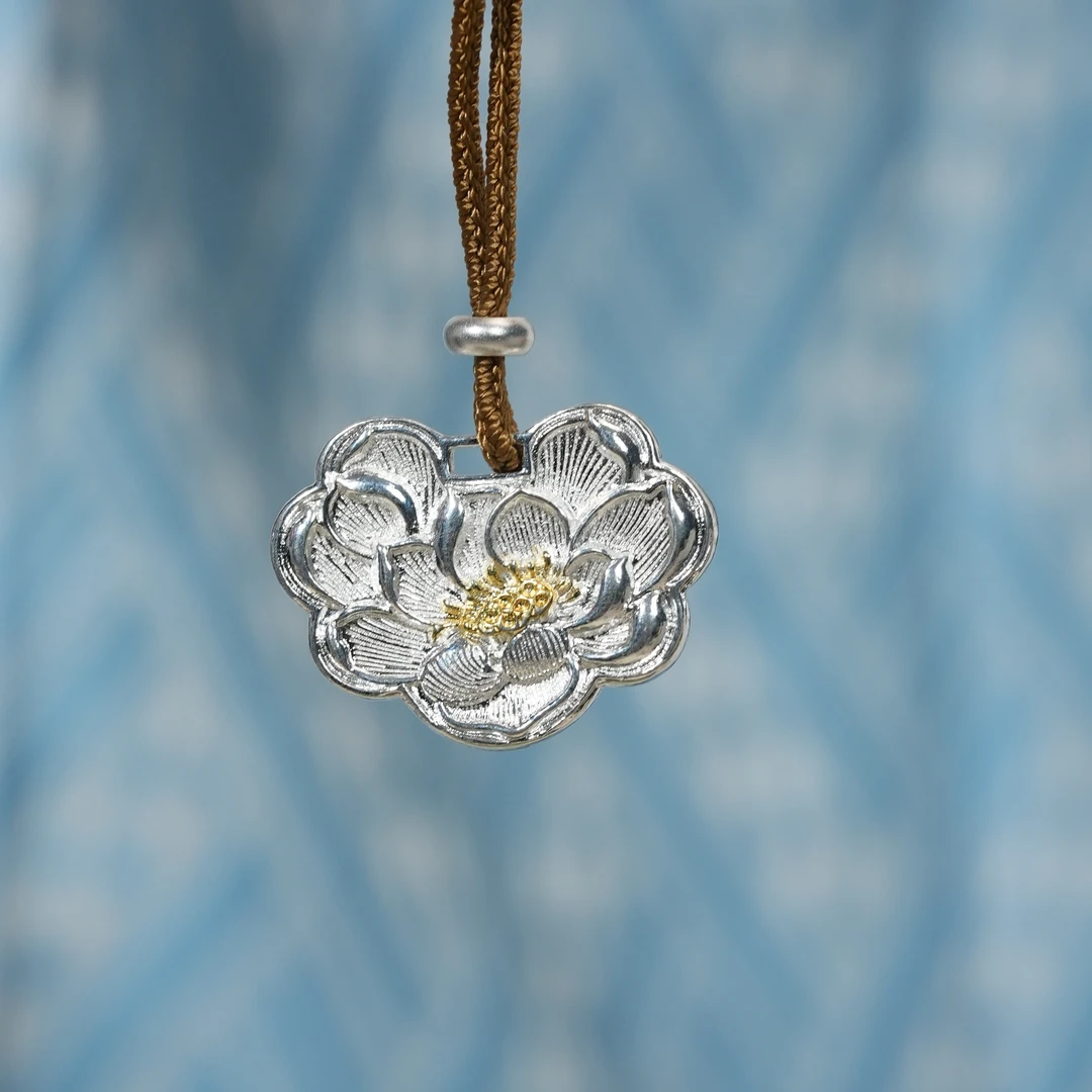 吊坠足银 足银吊坠999国潮分色牡丹花吊坠新中式足银