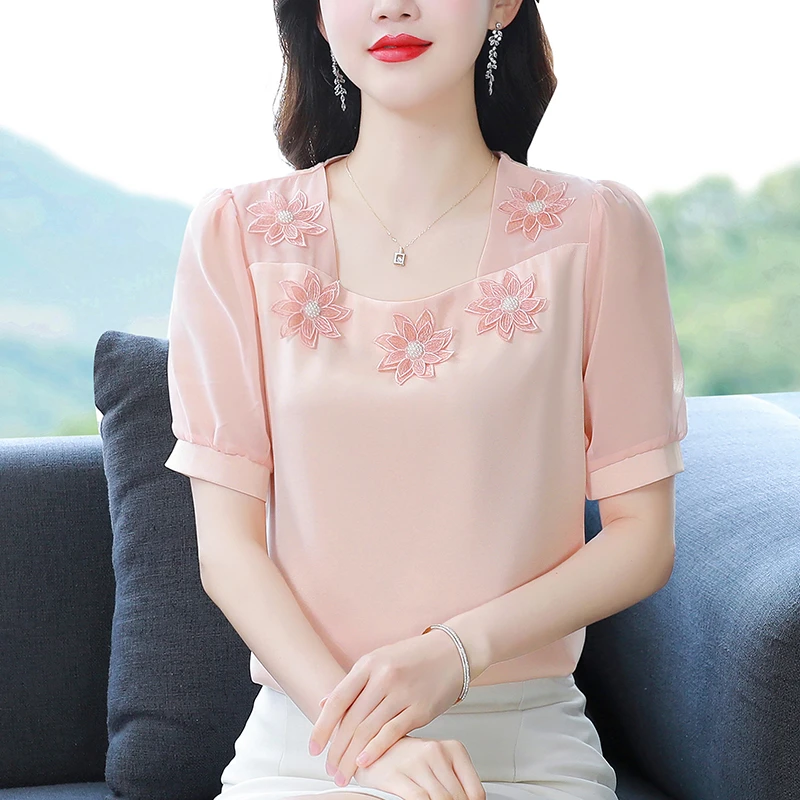 2025夏季新款缎面雪纺短袖气质漂亮小衫拼花时髦显瘦上衣