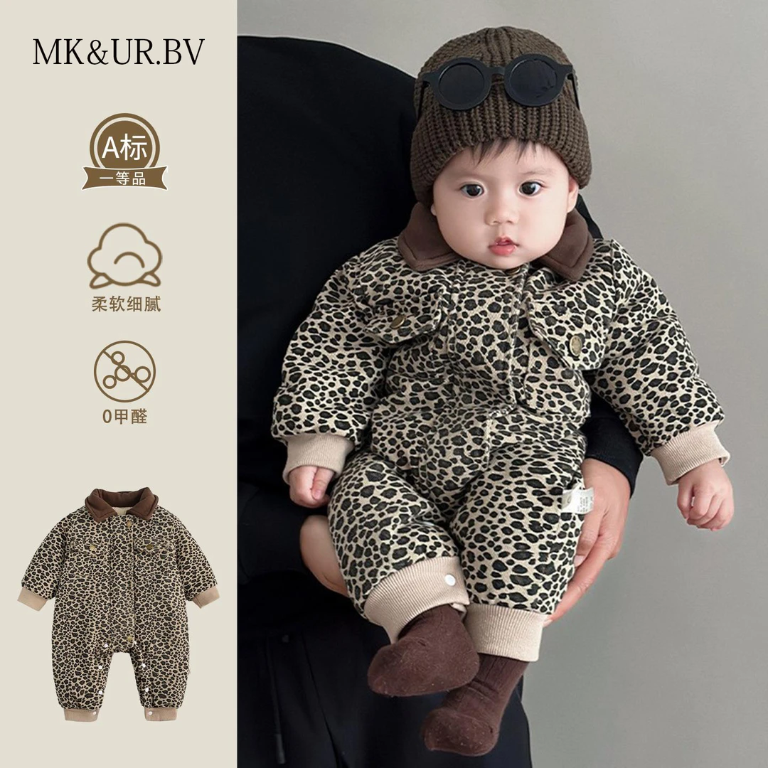 MK&UR.BV婴儿羽绒服豹纹连体衣服冬季装小月龄宝宝外出穿加厚保暖