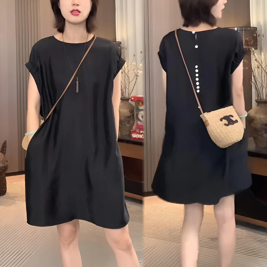 百搭洋气高级宽松设计连衣裙2025夏季爆款气质圆领纯色休闲短袖裙
