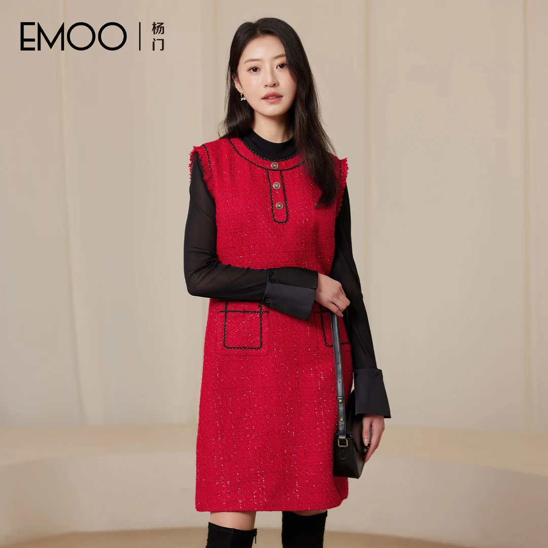 EMOO/杨门套头款秋冬针织高腰无袖秋季冬季红色连衣裙E34L013365