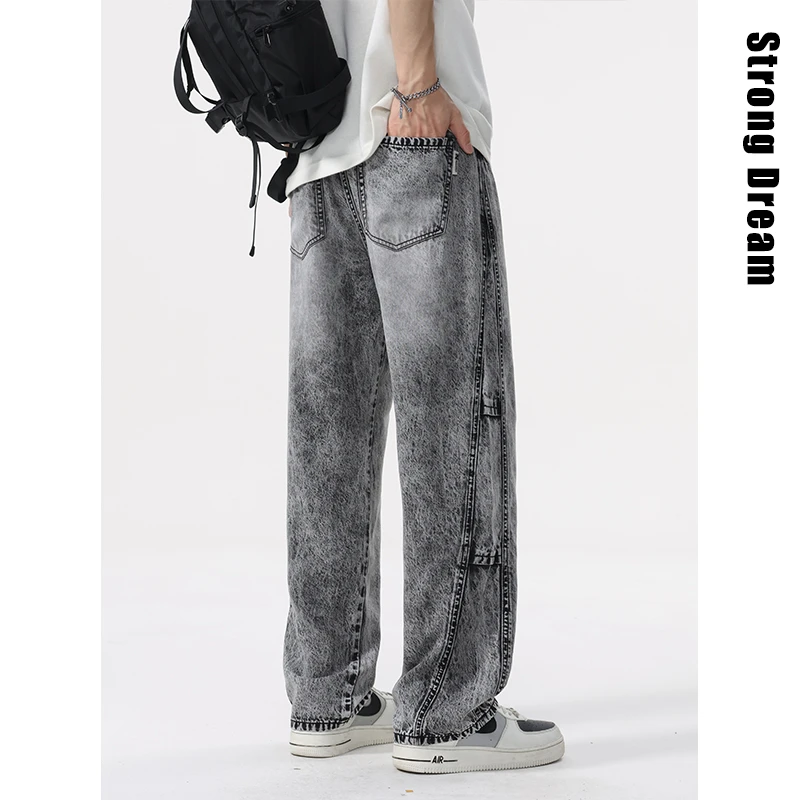 雪花天丝牛仔裤男美式潮牌复古宽松弯刀直筒夏季薄款垂感阔腿长裤