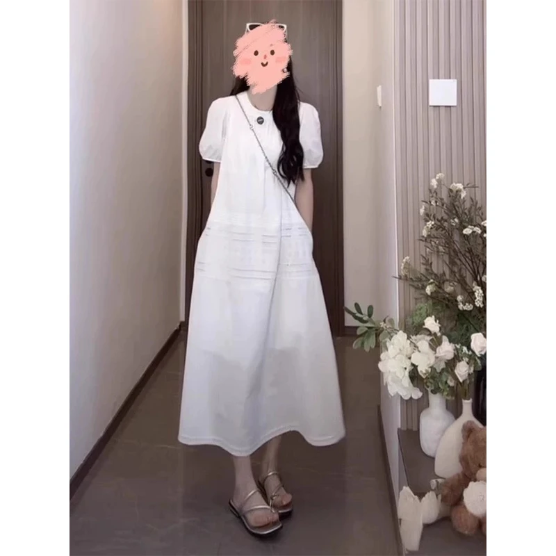 2025夏季新款泡泡袖圆领宽松显瘦拼接蕾丝边连衣裙女别致休闲长裙