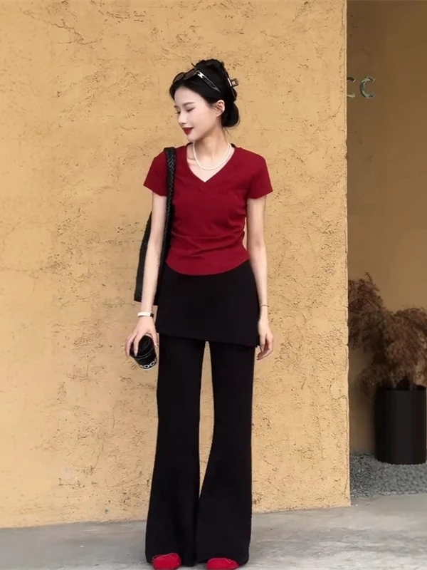 【清货】美式复古红色V领短袖T恤2025夏季新款修身显瘦时尚正肩上衣