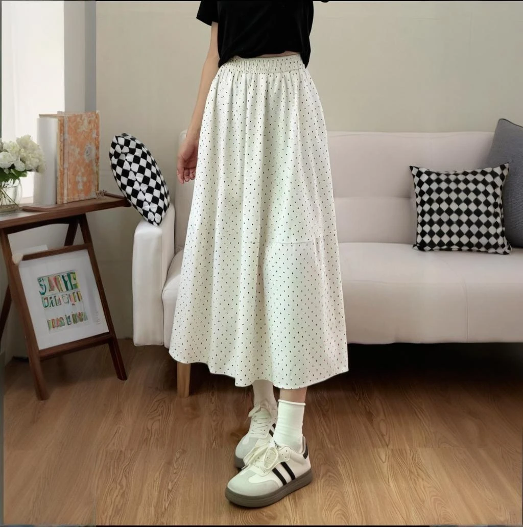 波点半身裙花苞裙女夏季薄款大码胖mm高腰遮胯显瘦小个子中长裙子