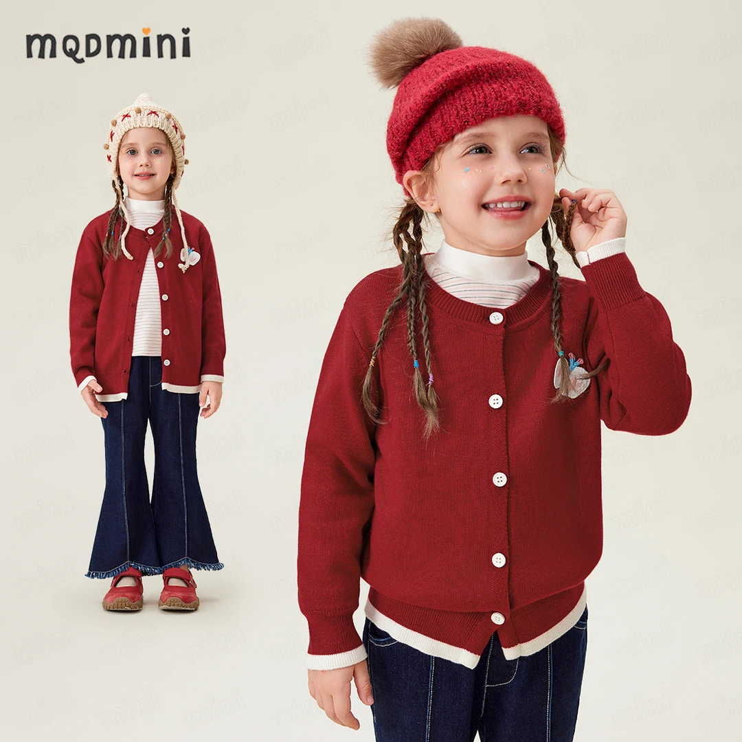 MQDMINI【立体蝴蝶】儿童毛衣女童冬装新款红色长袖针织开衫拜年服