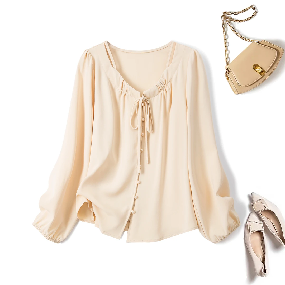 奥·邦奴 2025秋装新款大码法式简约系带衬衫设计感小众长袖上衣