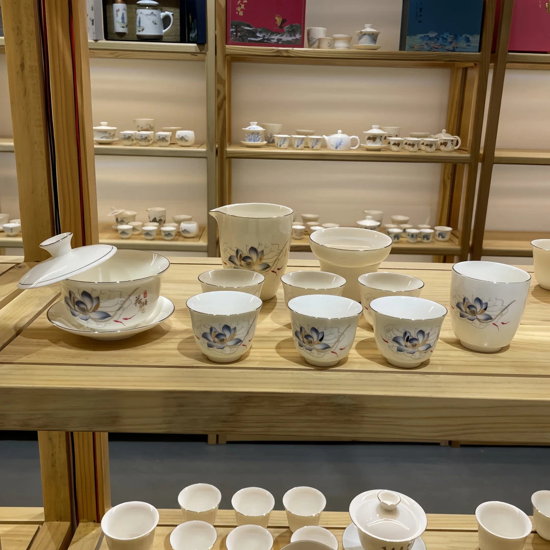 儒馨荷塘月色11件套 陶瓷茶具套装羊脂玉瓷盖碗主人杯