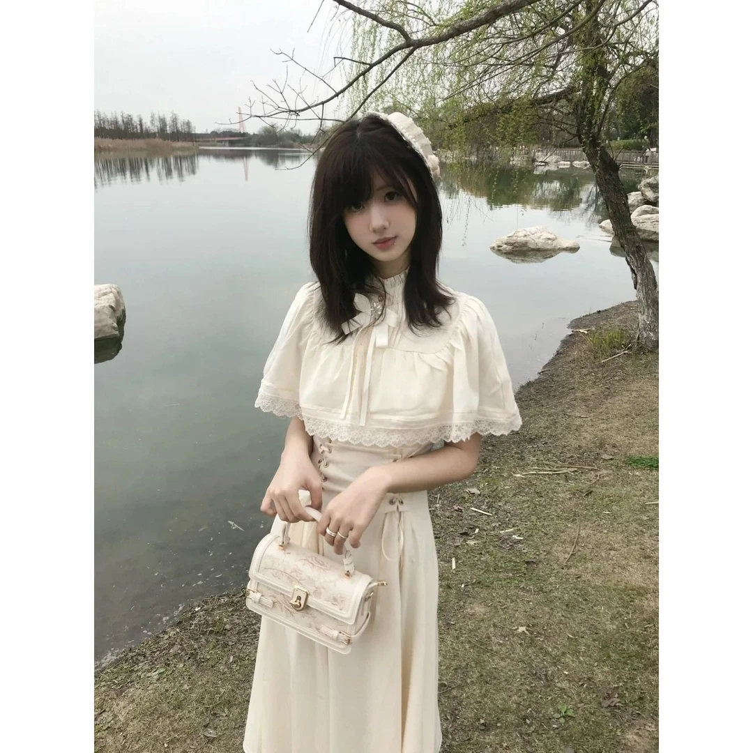 地雷系rojita小众设计披肩拼接蕾丝边连衣裙系绳收腰显瘦减龄长裙
