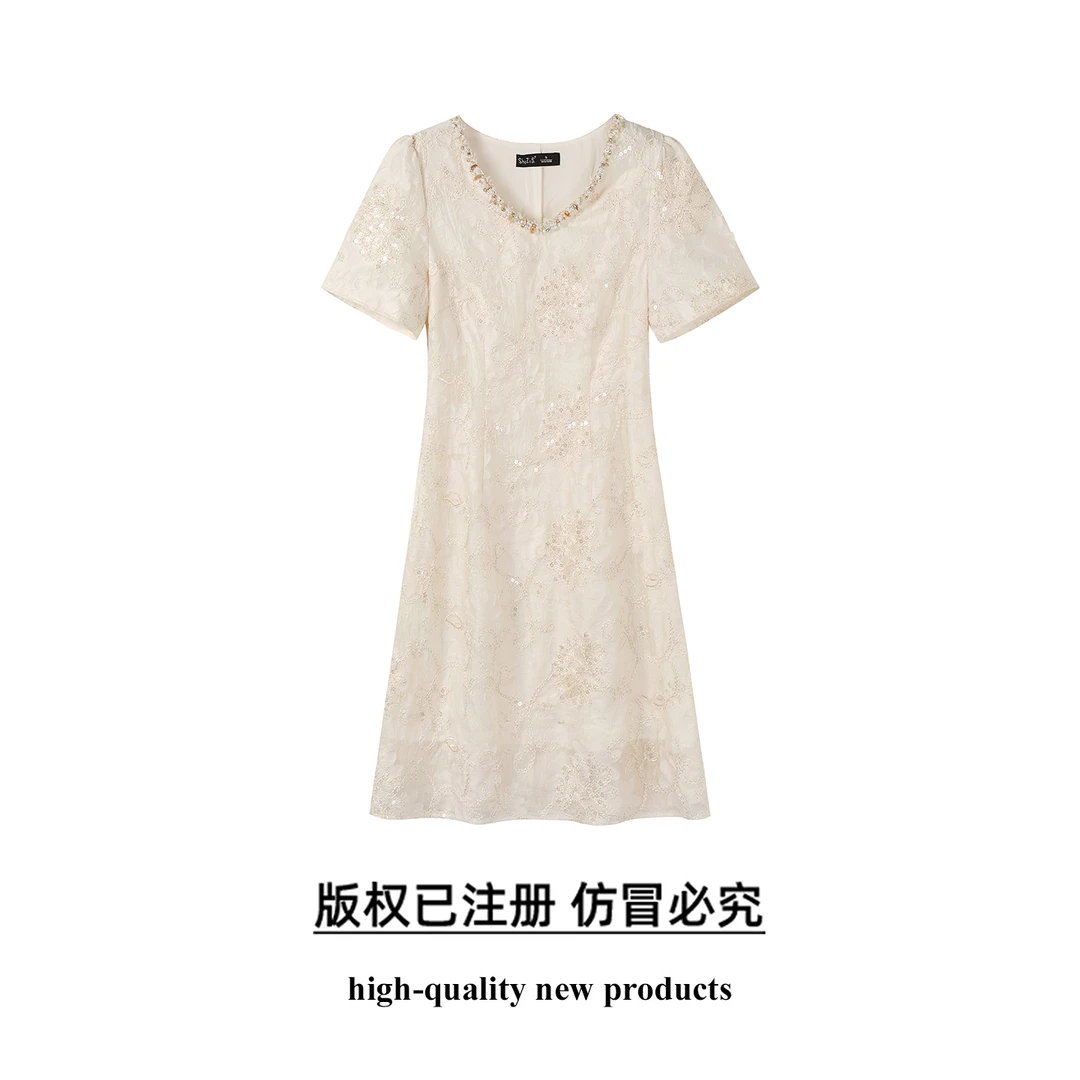奢姿【晴雪织】大码女装2025年夏装新款时尚V领短袖亮片花卉刺绣连