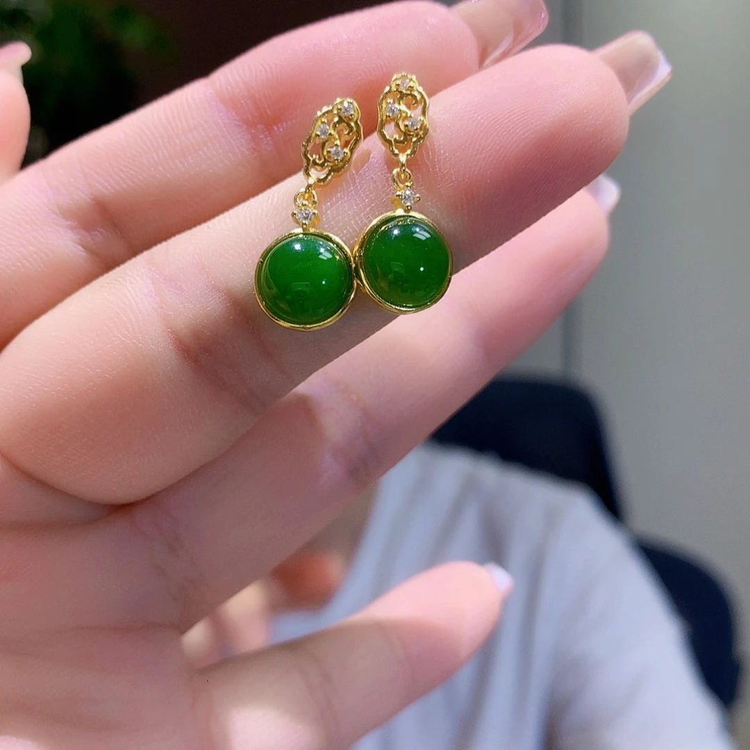 和田玉（碧玉）银S925镀金镶嵌耳饰