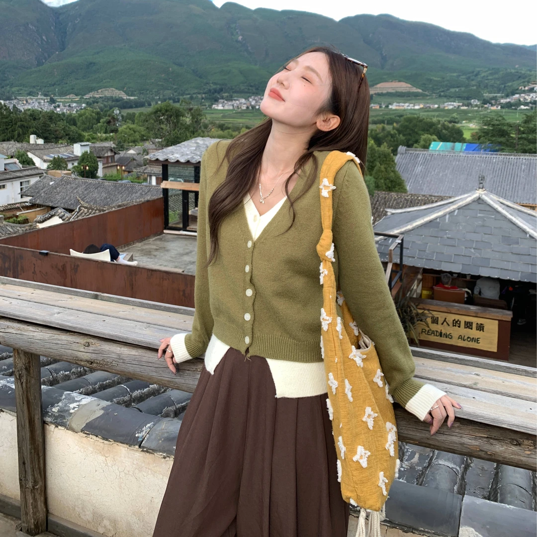 韩系假两件V领针织开衫上衣女秋季打底衫高级感毛衣外套针织衫