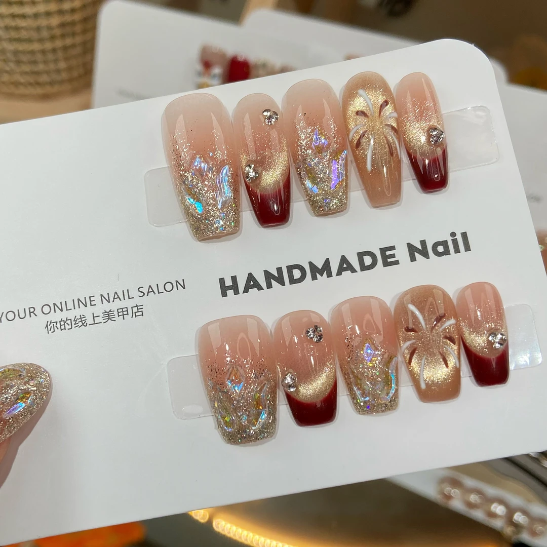 【繁星烟花】高级轻奢烟花爆闪猫眼腮红显白手工穿戴甲美甲