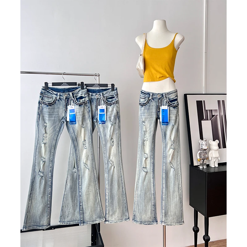 D.i.d超模设计感2025牛仔裤女vintage辣妹美式低腰微喇裤浅蓝色夏