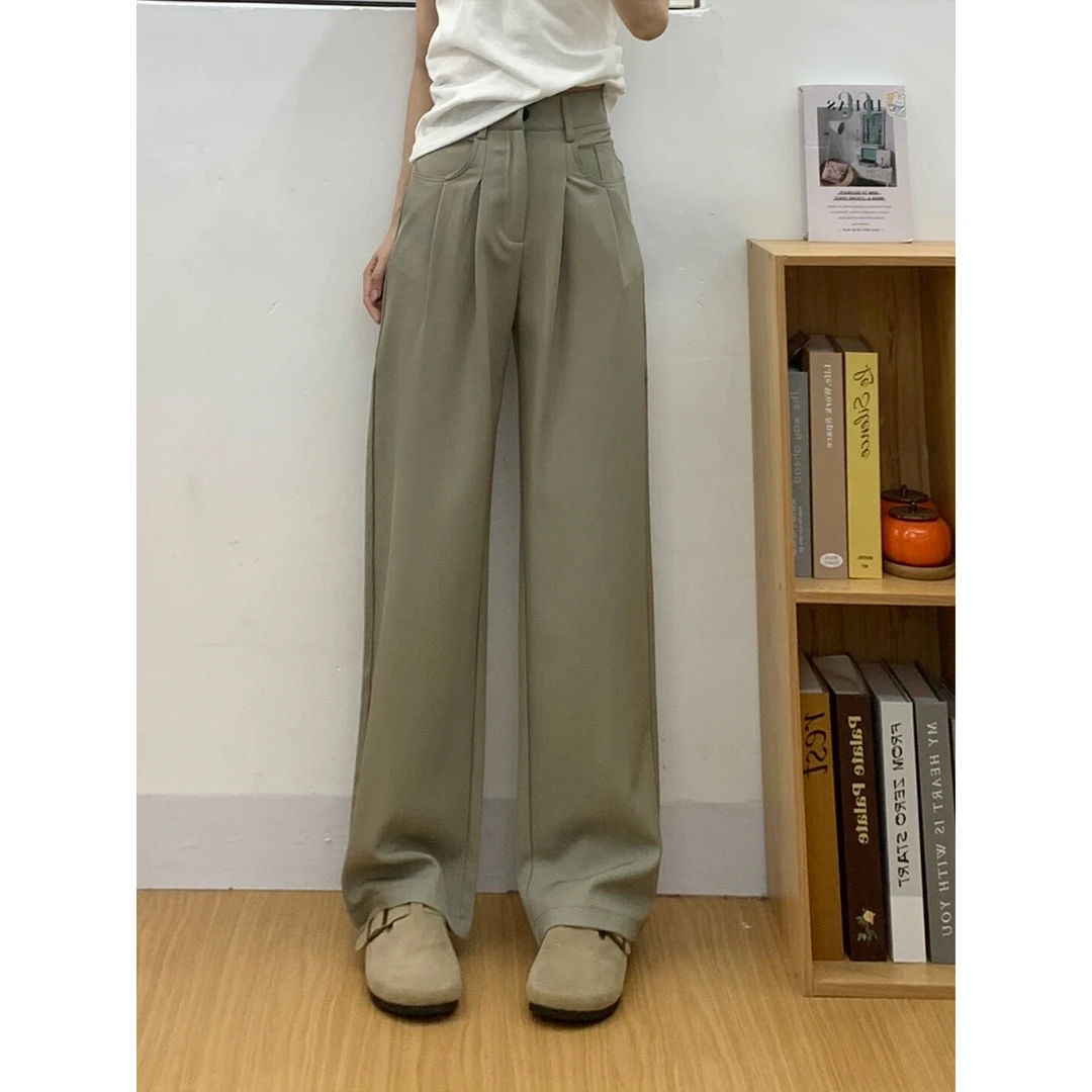 橄榄绿西装阔腿休闲裤女2025新款秋季大码胖mm高腰显瘦直筒拖地裤