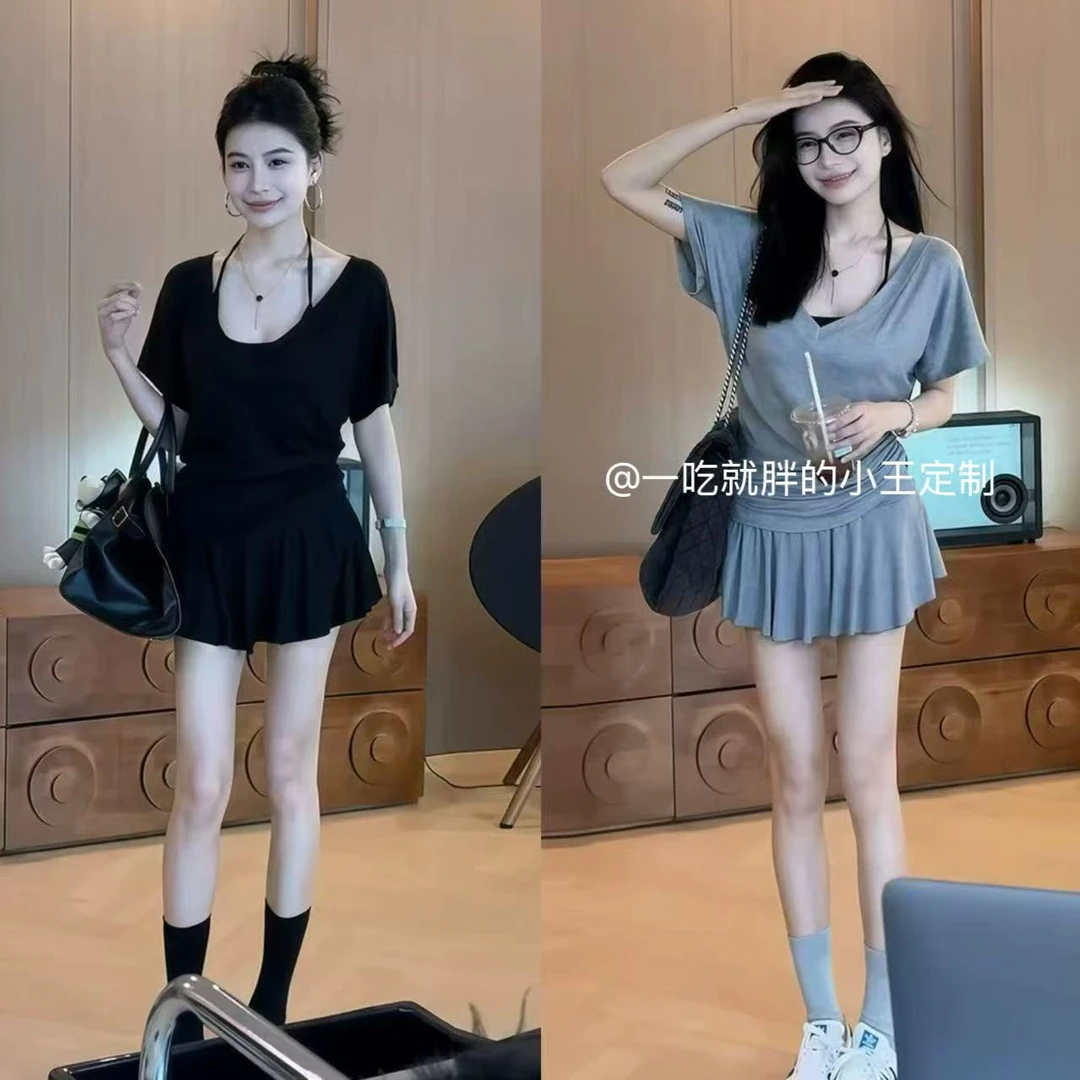 【小王家】韩系减龄套装短袖V领上衣高腰宽松显瘦百褶短裙内搭吊带