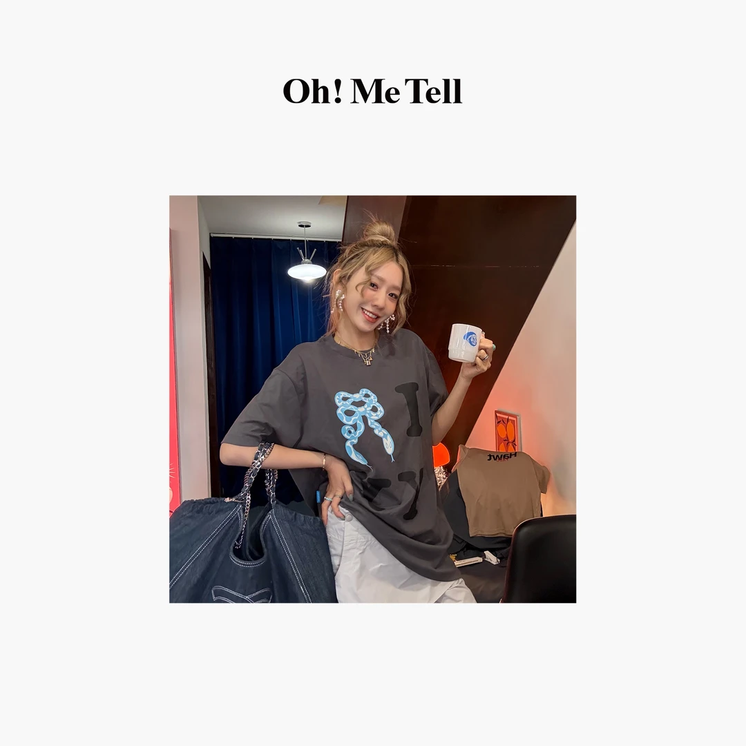 Oh！Me Tell【蛇年限定YY】蝴蝶结小蛇印花宽松圆领短袖T恤