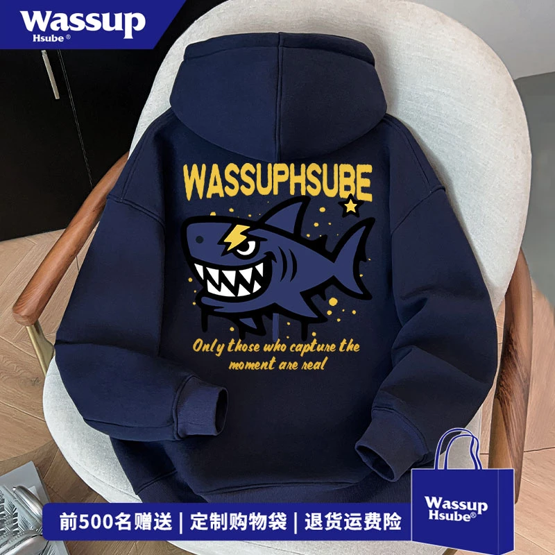 WASSUP HSUBE 高街风图案印花连帽卫衣秋冬季痞帅百搭藏青色上衣
