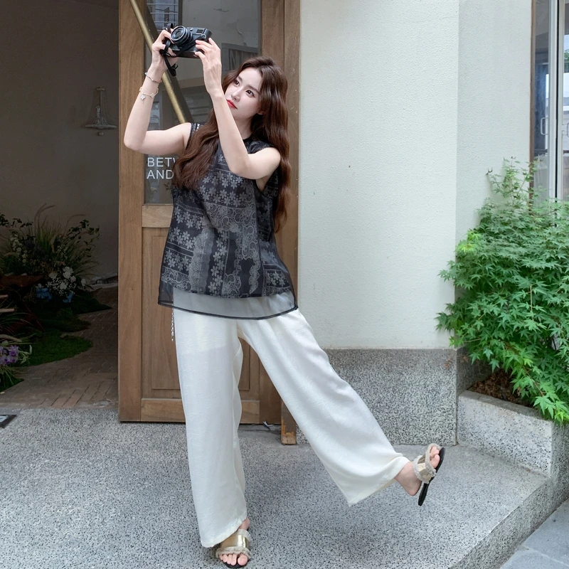 网纱拼接假两件背心阔腿裤套装女2025夏季新款时尚休闲复古两件套