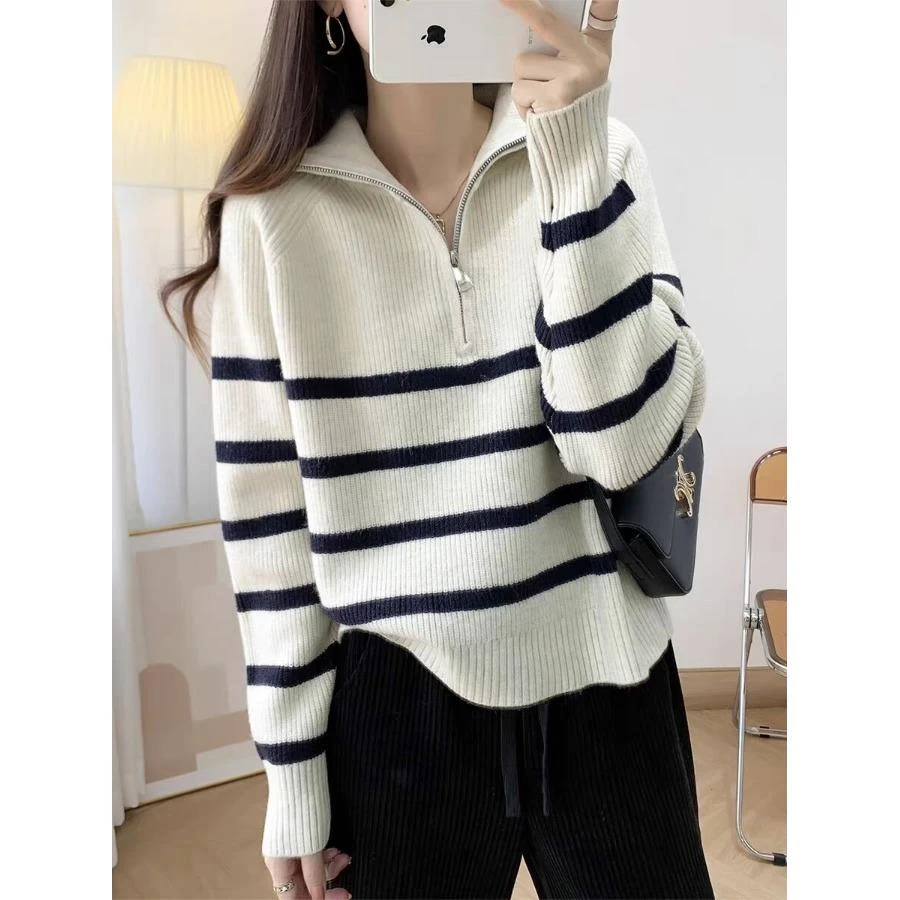 翻领半拉链套头条纹针织衫女长袖秋冬2025新款慵懒风宽松毛衣外套
