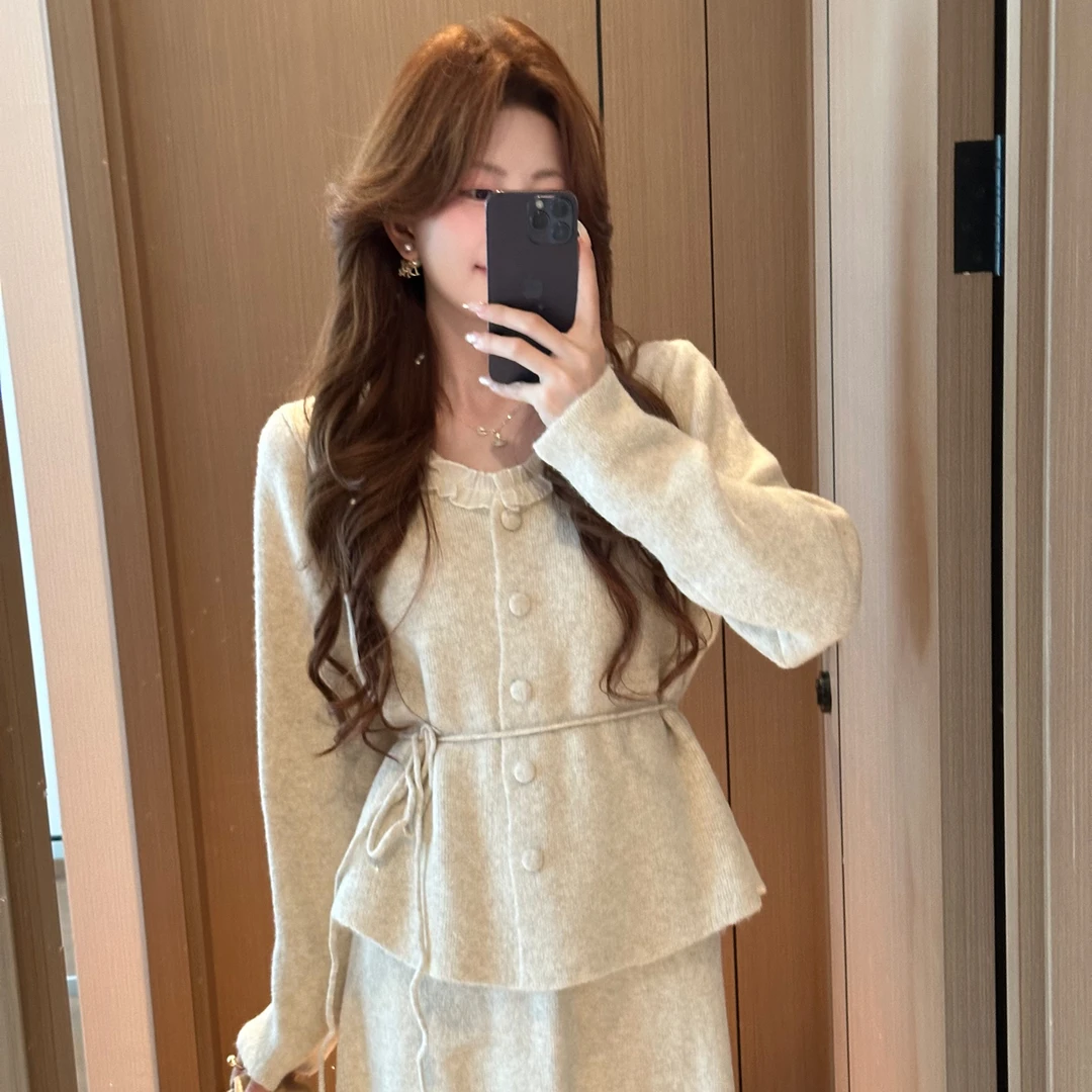 花边蕾丝拼接系带设计长袖针织毛衣秋季新款针织套装