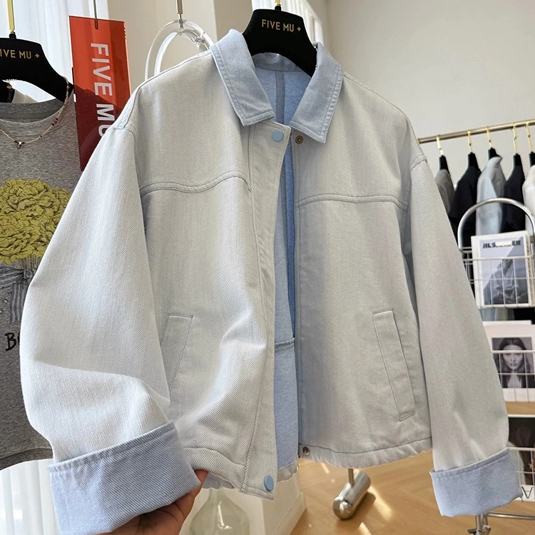 高级感超好看韩系休闲牛仔外套女春季出游独特漂亮翻领夹克上衣