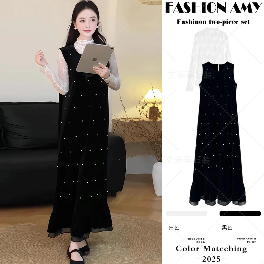 孕妇装秋装套装时尚韩版气质高级感蕾丝打底衫显瘦钉珠丝绒背心裙