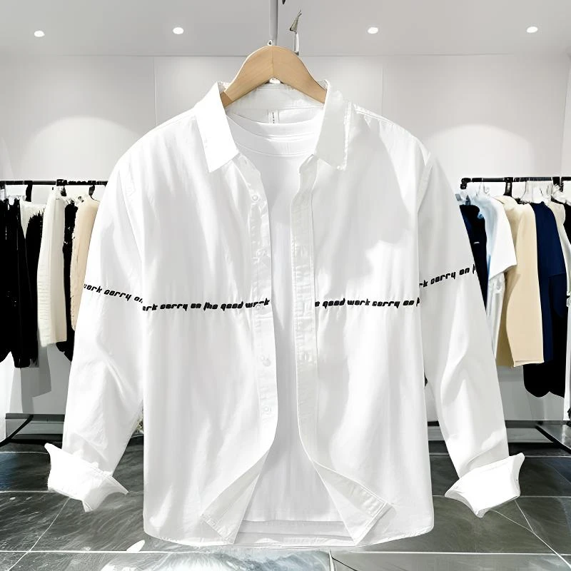 轻奢白色刺绣纯棉长袖衬衫男春秋设计感休闲衬衣宽松痞帅潮流上衣