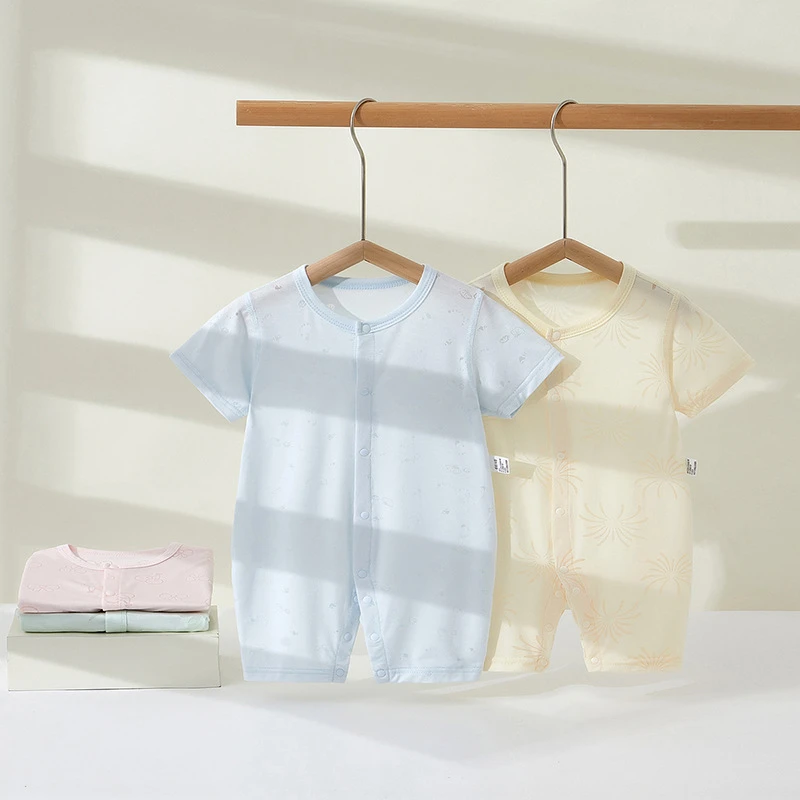 婴儿夏款短袖哈衣镂空薄款短袖哈衣新生儿短袖哈衣连无透气骨爬服