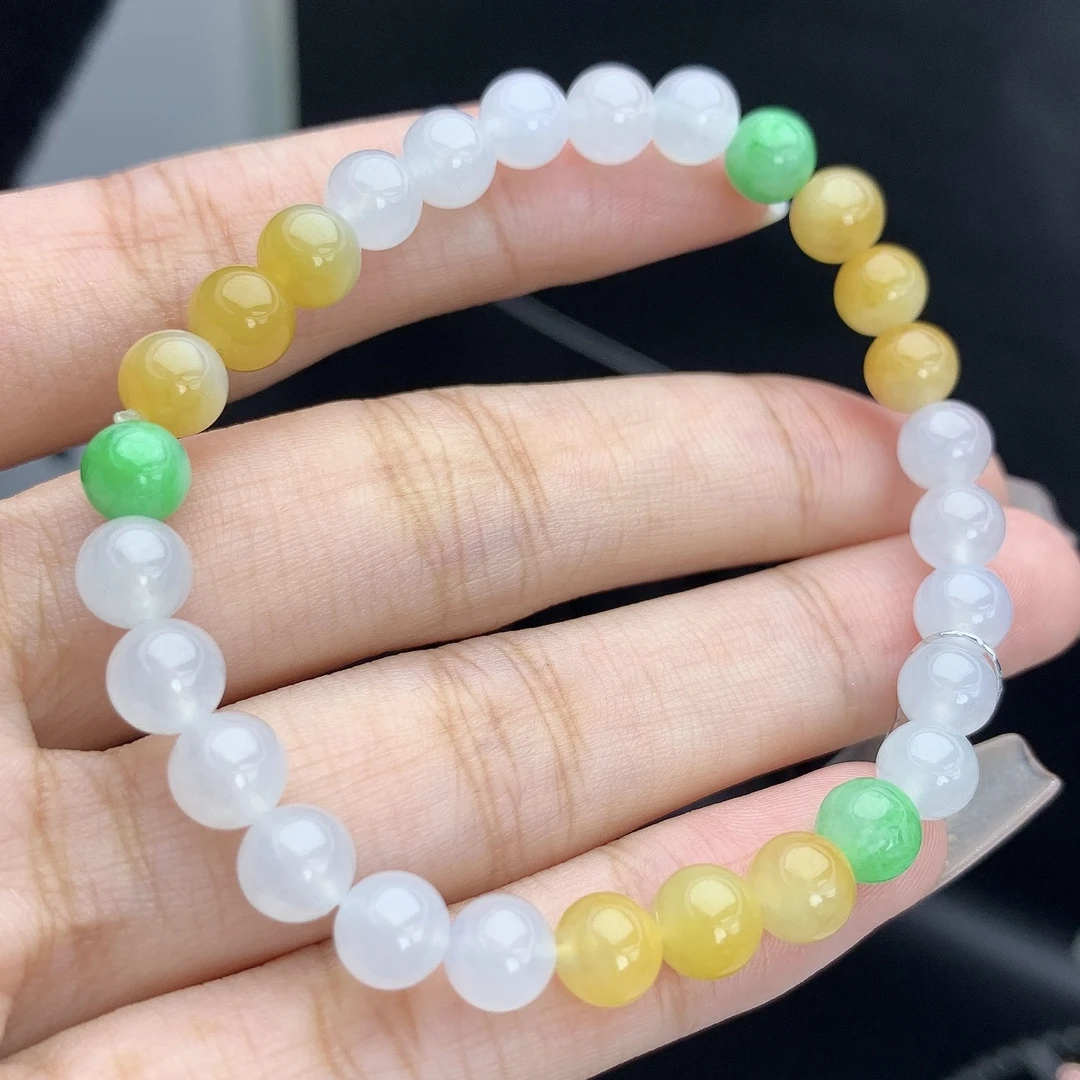 缅甸A货翡翠白冰多宝黄绿圆珠手链手串单圈T卡6.4mm