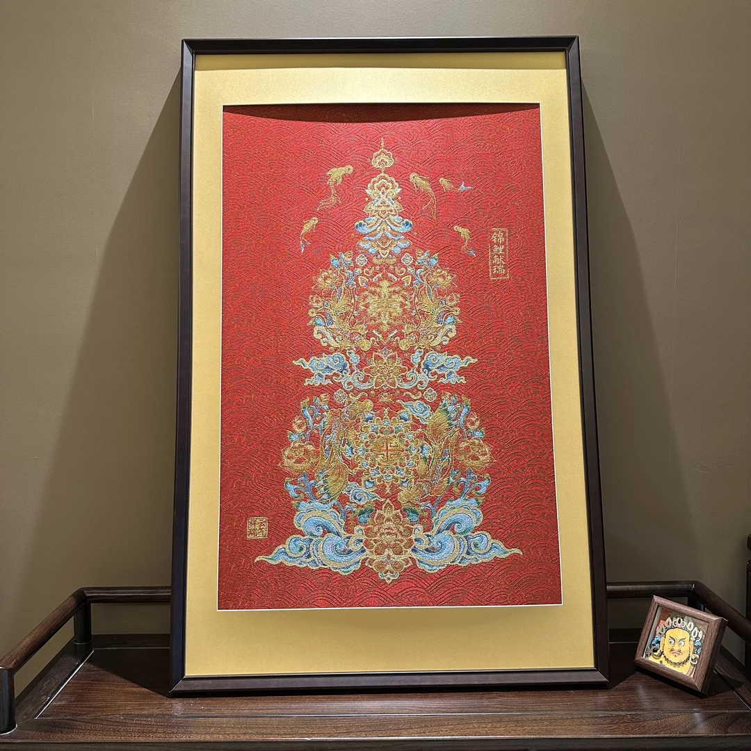 刺绣【锦鲤献瑞】葫芦福禄挂画实木装裱办公室玄关茶室客厅装饰画