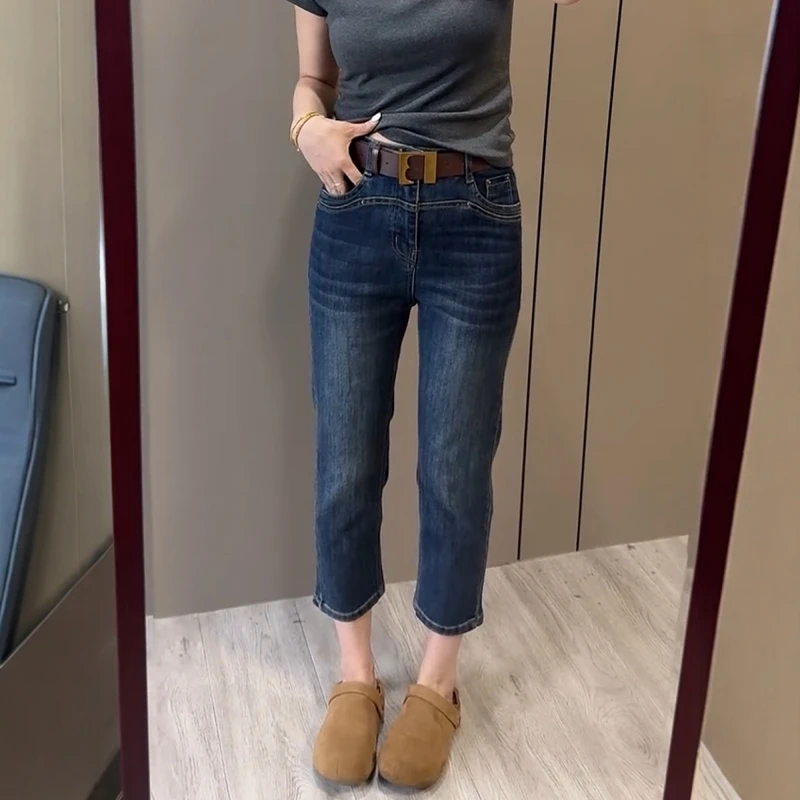 2025秋季新款高腰显瘦直筒牛仔裤大码复古百搭弹力修身九分烟管裤