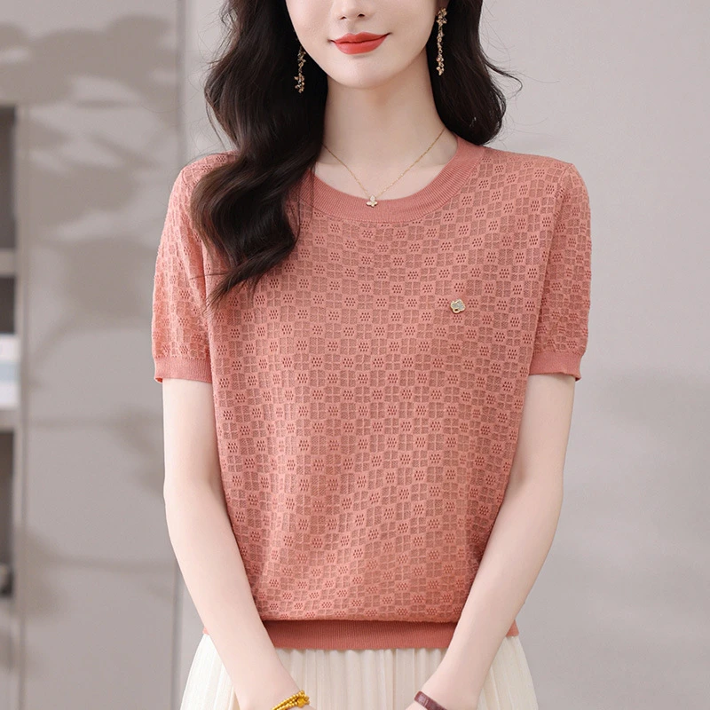 白色短袖T恤女2025新款夏季妈妈装莱赛尔天丝针织衫上衣薄款