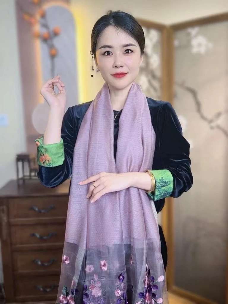 2025新款 刺绣款175*75左右桑蚕丝围巾百搭丝巾-【丝锦秋恋】紫色