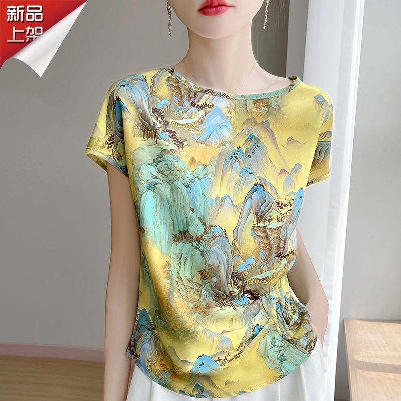 品牌夏季新款圆领醋酸缎面花色设计小衫印花宽松显瘦百搭休闲T恤