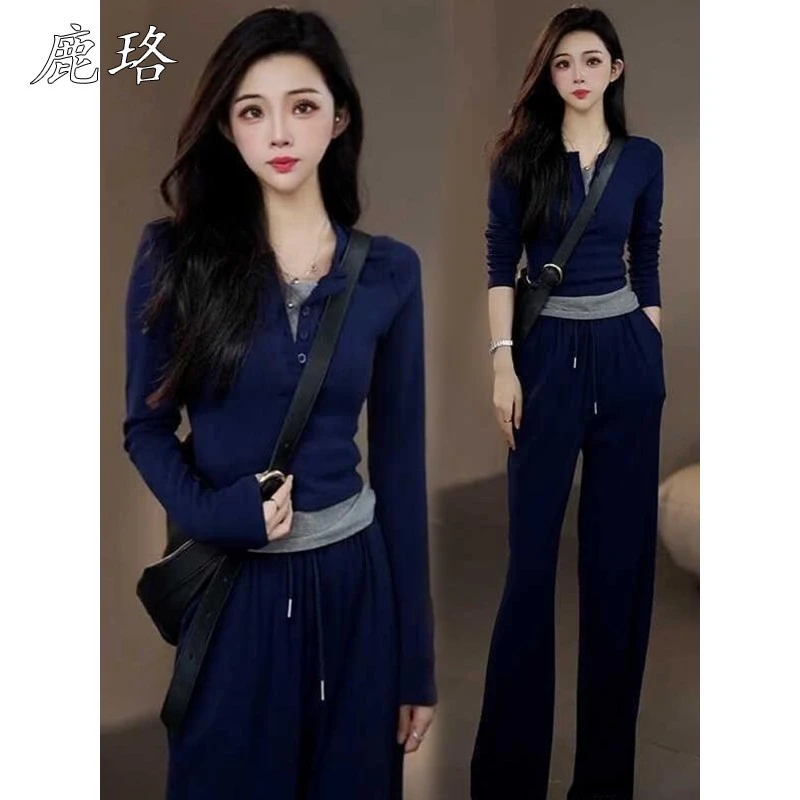 休闲运动套装女2025秋季新款气质减龄V领假两件上衣阔腿裤两件套