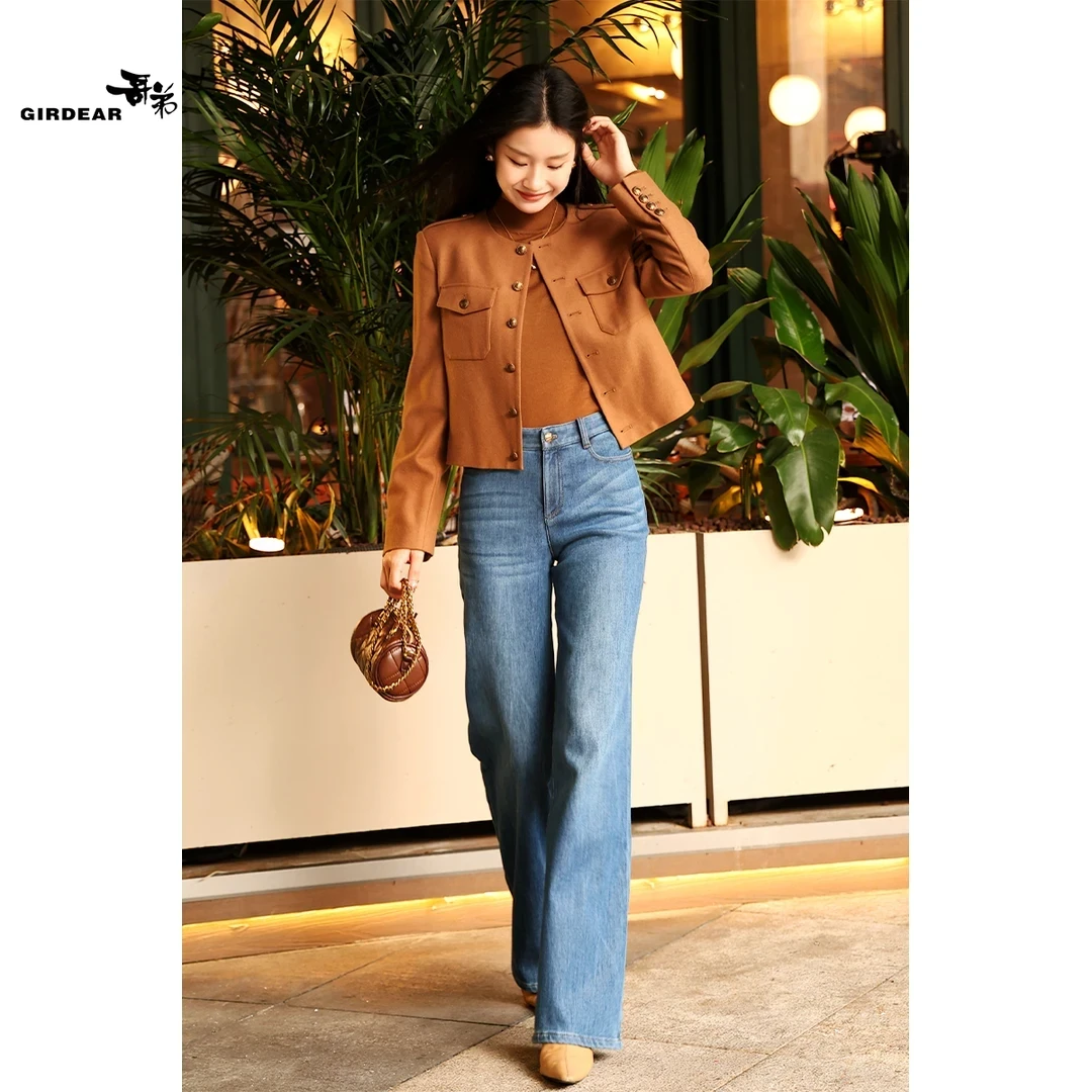 GIRDEAR/哥弟新款时尚高腰加厚一体绒弹力复古牛仔直筒裤1100270